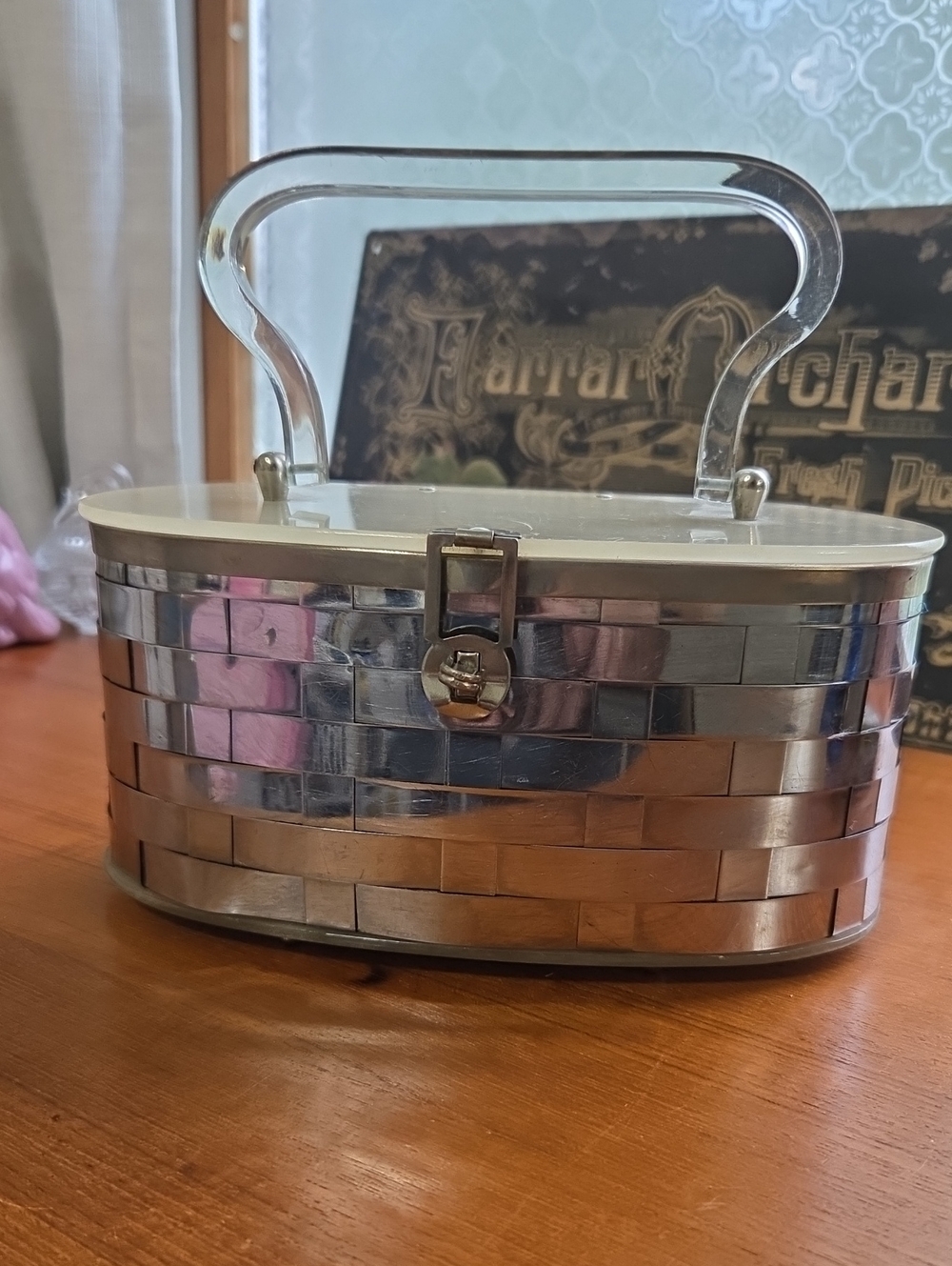 Vintage 1950s Lucite Purse Metal Basketweave Clear Marble Lucite Lid And Bottom